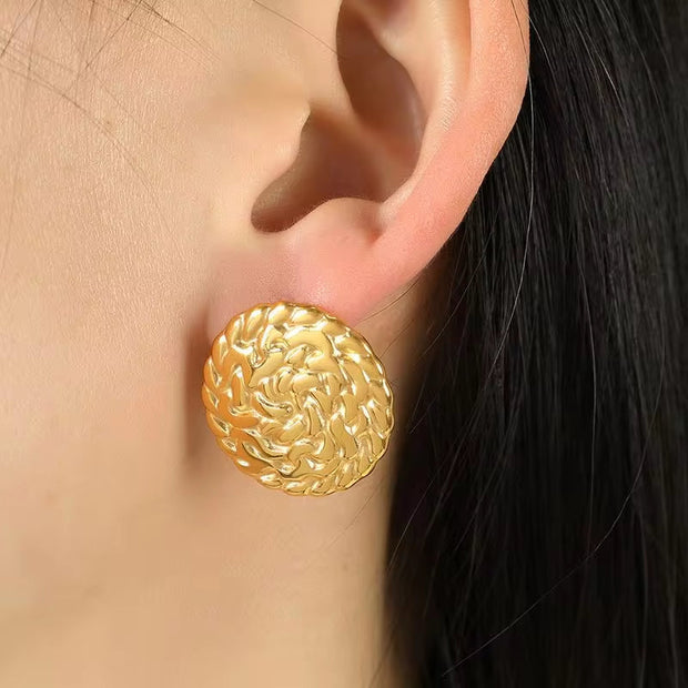 JEWELRY EH189 the Newest Stainless Steel 18K Gold Earrings French Vintage Disc Embossed Earrings for Women
